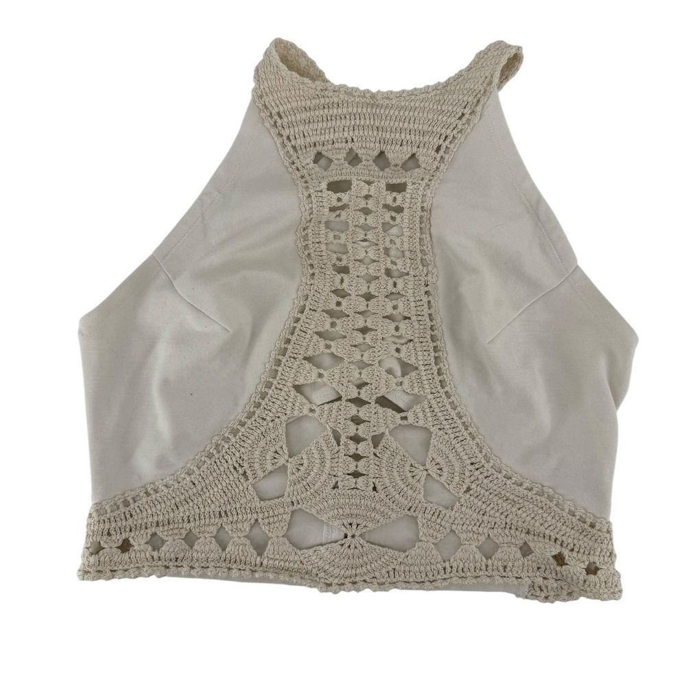 Gimmicks Crop Top Crochet Cream Halter Size L Bohemian Open Back Button Closure